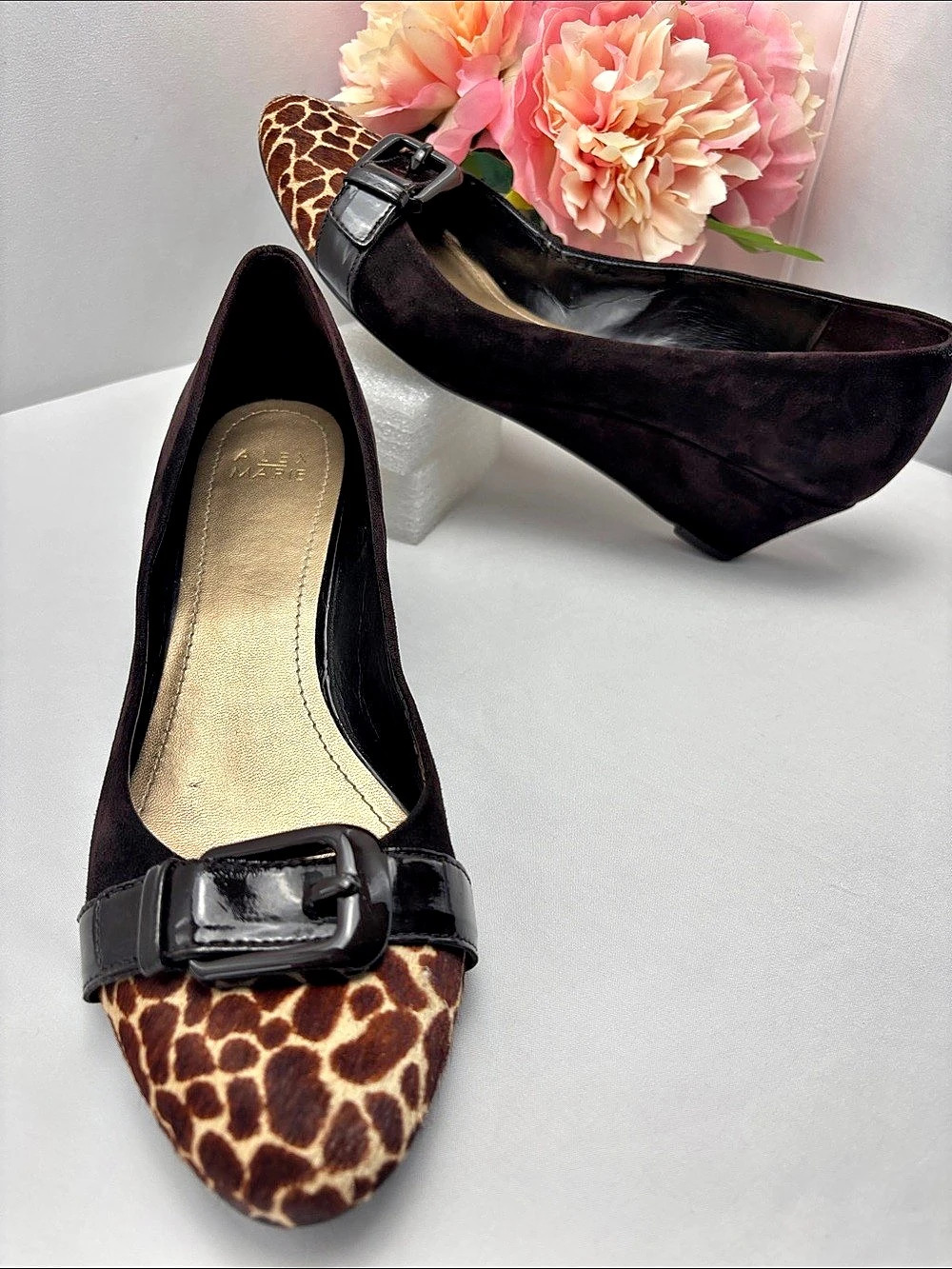 Alex Marie Womens 10M Animal Print Buckle Wedge Heels Black & Brown #776